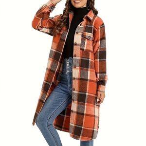 Women’s Plaid Thick Flannel Button Up Longline Coat Jacket - Orange and Black